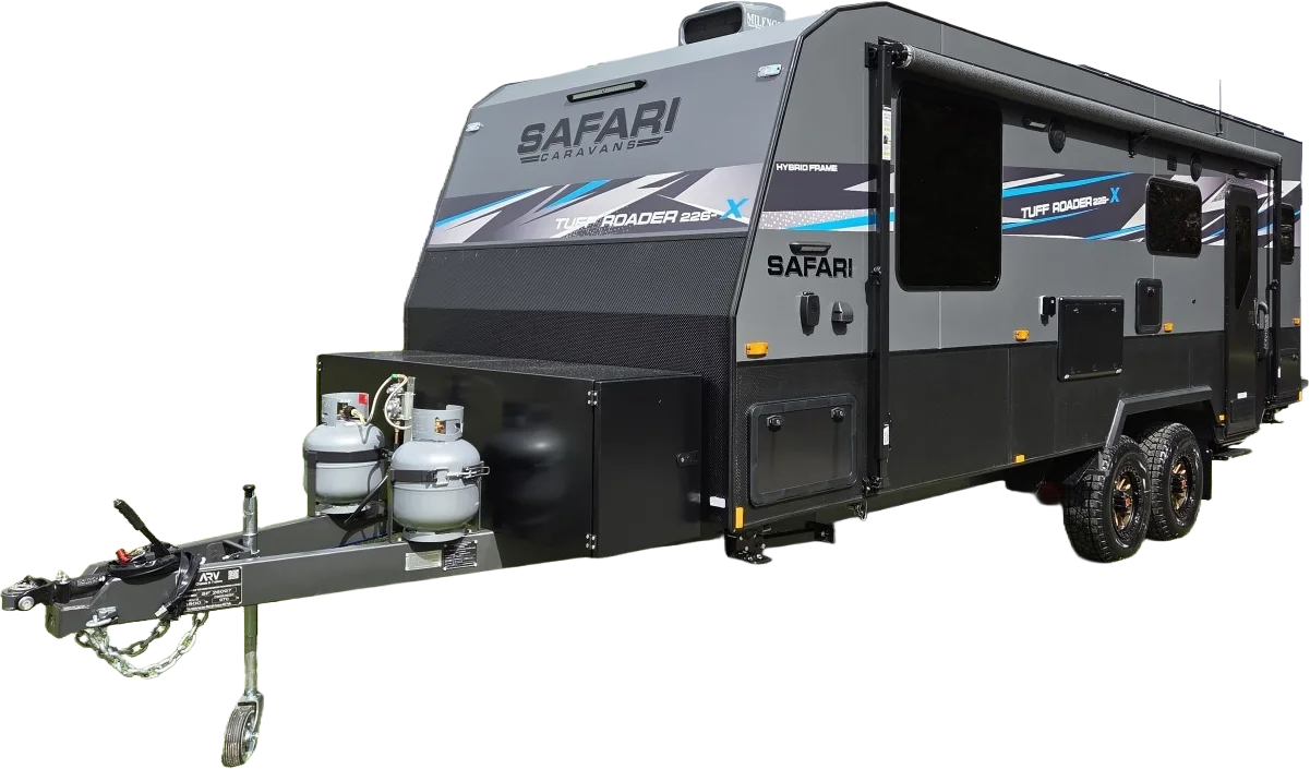Safari Tuff Roader-X off-road caravan, front three-quarter view with twin gas bottles on the drawbar