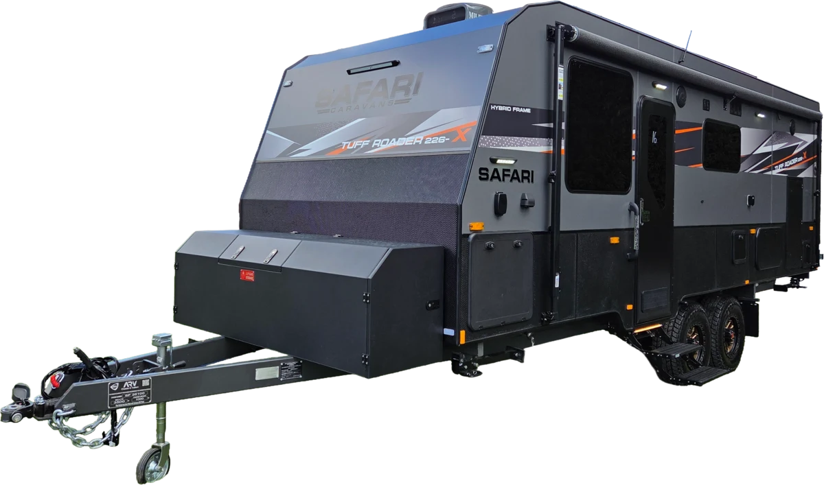 Safari Tuff Roader-X 226 caravan with orange graphics, front three-quarter view