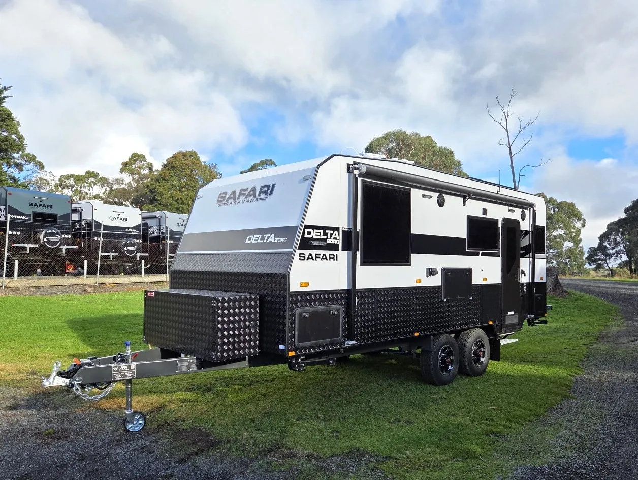 Safari Delta 20 Rear Club caravan parked on grass, front three-quarter view