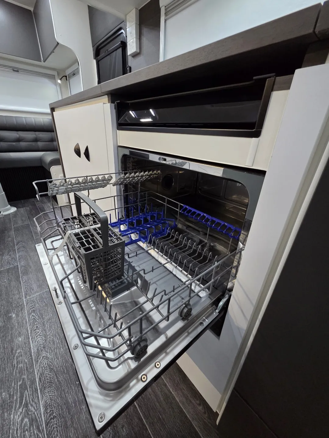 Safari Tuff Roader-X 226 Rear Club dishwasher open under the kitchen bench