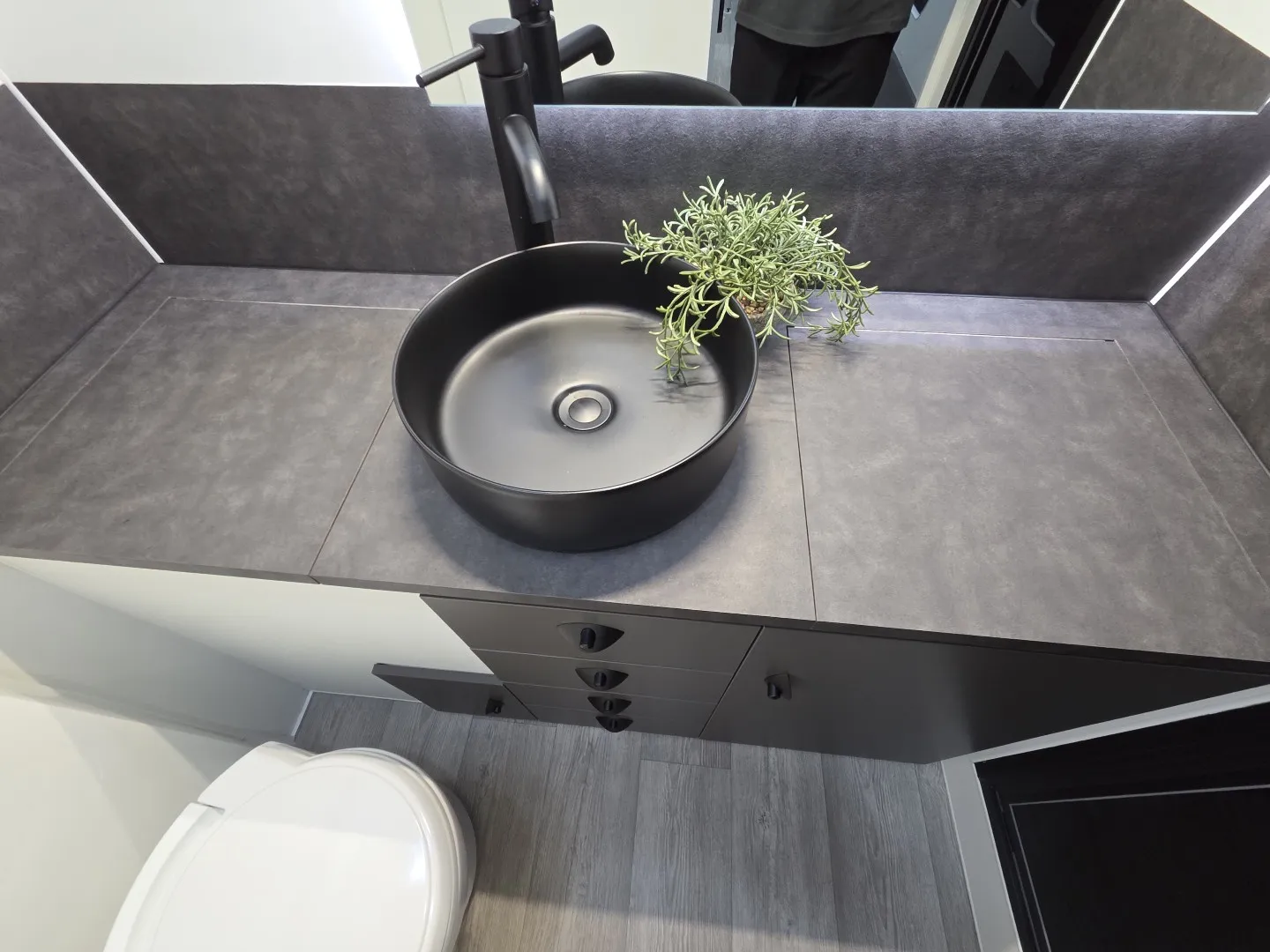 Safari Tuff Roader-X 228 ensuite benchtop with black round basin and tapware