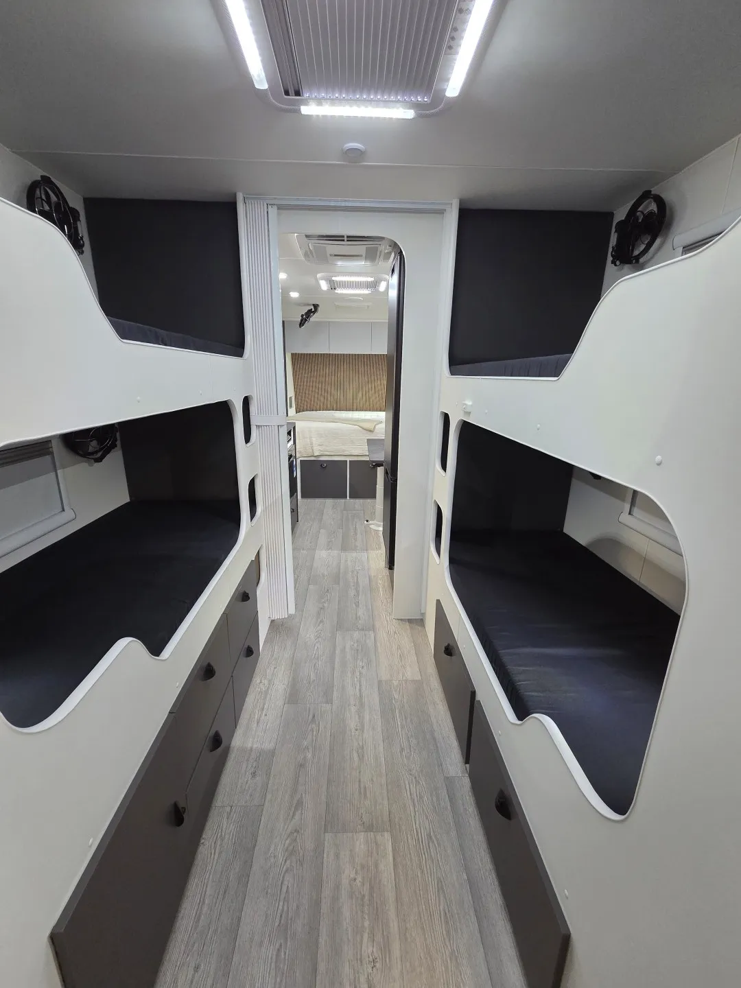 Safari Tuff Roader-X 228 rear bunk room with four bunks either side of the aisle