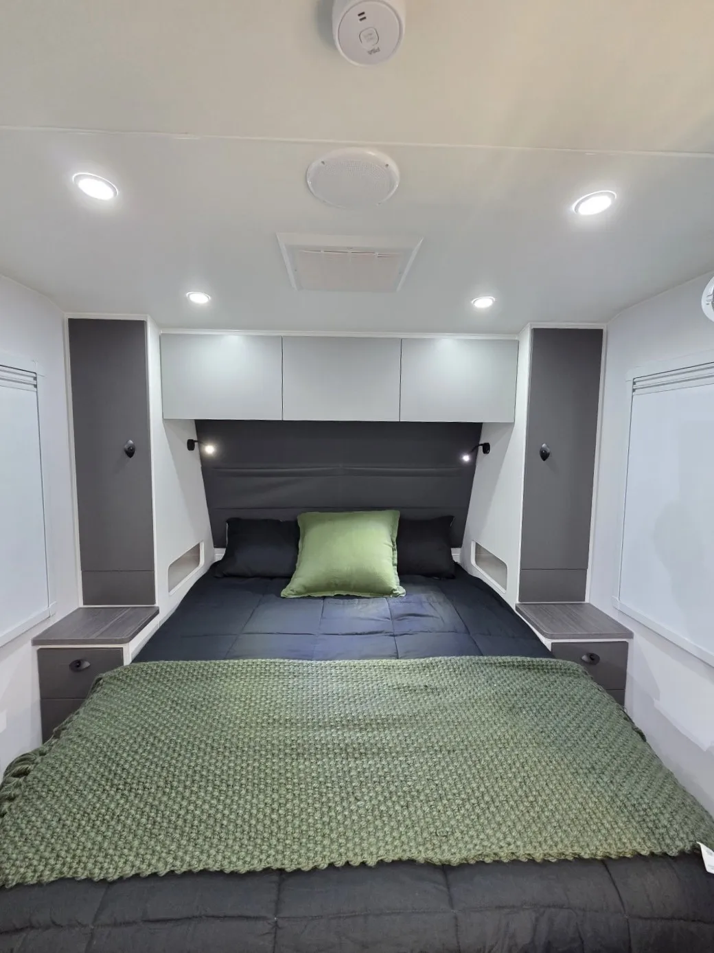 Safari X-Trak 176 front bedroom with island bed and overhead cupboards